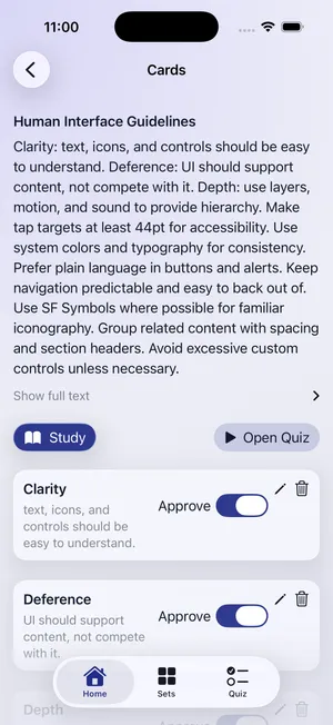 Review list of generated flashcards with approve toggles