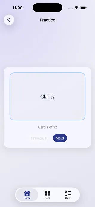 QuickStudy practice mode showing a flashcard ready to flip